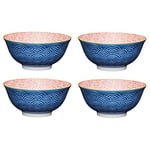 KitchenCraft Set of 4 Glazed Stoneware Bowls with Japanese Wave Pattern, Multi Colour Ceramic Bowls with Footed Base, Microwave & Dishwasher Safe, 15.7 cm (6"), POKCBOWL27