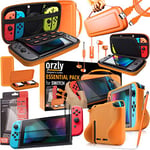 Orzly Switch Accessories Bundle – Carry Case for Nintendo Switch Console (NOT OLED MODEL) Tempered Glass Screen Protectors, USB Charging Cable, Switch Games Case, Comfort Grip Case & Headphones ORANGE