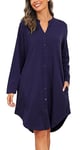 Vlazom Chemise de Nuit Femme Coton,Chemise de Nuit Femme Manche Longue Tee Shirt Nuit Femme Grande Taille Allaitement,L,A-Bleu Marine