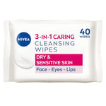 NIVEA 3in1 Caring Cleansing Wipes Dry Skin (40 Wipes), Plant-Based Makeup Remover Wipes, Face Wipes for Dry Skin, Gentle yet Effective Makeup Removal