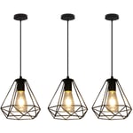 E27 Métal Suspension Luminaire Lampe Industrielle Vintage Plafonnier Luminaire Cage Diamant Pendant Eclairage Noir 3PCS