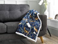 Deyongs Fox & Deer Navy Soft Heated Electric Throw Electric Blanket 140cm x180cm