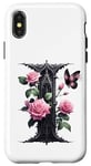 Coque pour iPhone X/XS Letter I Initial Floral Monogram Rose Pink Flower Butterfly