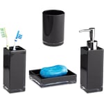 Accessoires salle de bain Set 4 pièces distributeur savon gobelet brosse à dent porte-savon plastique, noir - Relaxdays