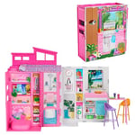 Barbie Maison de Vacances Coffret avec poupée, avec 4 Zones de Jeu Dont Une Cuisine, Une Salle de Bains, Une Chambre et Un Salon, 11 Accessoires de décoration, HRJ76