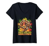 Womens Peace Love and Gobble Power Thanksgiving Reggae Rasta Turkey V-Neck T-Shirt