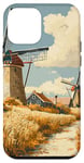 Coque pour iPhone 12 mini Champs de blé avec moulins à vent paysage graphique vintage