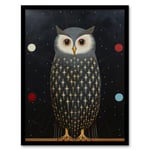 The Night Watch Man Surreal Cosmic Owl Portrait and Starry Sky Grey Blue Orange Oil Painting Art Print Framed Poster Wall Decor