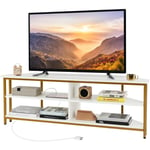 Meuble tv Angle, Meuble Télé avec Prise, 2 Prises, 2 usb, 1 Type-C, Petit Meuble tv pour 65', Meuble tv Bois 3 Niveaux, 3 Etagères Ouvertes, Design