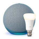 Echo (4th generation), Twilight Blue + Philips Hue White Smart Light Bulb LED (B22), Works with Alexa - Smart Home Starter Kit