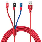 ASICEN Multi USB Charging Cable 3A, [1.5M] 3-in-1 Nylon Braided Charger Cord for iP/Type C/Micro USB Ports with iP 12/11/Xs/X/8/7/6/Android Galaxy S21/S20/S10/Huawei/LG/HTC/Tablets(Red/1Pcs)