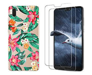 NOVAGO Compatible avec Huawei P20 Pack (3 en 1) 1 Coque Gel TPU Souple Transparente résistante et 2 Film Verre trempé Transparent Solide Anti Choc et Explosion d'écan (Fleur Bleue)