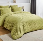 Luofanfei Housse de Couette Satin 240 x 260 Feuilles Vert Imprimé 2 Personnes Parure de lit Unie Adulte Ensemble Literie Modern Linge de Lit avec Fermeture éclair et 65x65cm Taies d'oreiller