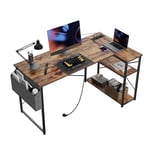 BEXEVUE Bureau d'angle avec Multiprise Intégrée - 100x70 cm Petit Table Ordinateur Forme L Etagères Rangements, Bureau Informatique Angle Réversible pour Etudier Travailler Chambre Domicile Marron