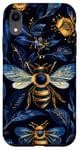 Coque pour iPhone XR Coque de téléphone motif ethnique moderne bleu - abeilles sur noir