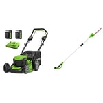 Greenworks Lwan Mower, 24Vx2 Mower 46cm Cutting Width with 55L Grass Catcher Box and 7-fold Central Cutting Height Adjustment + 24V 51cm Telescopic Hedge Trimmer + 2x24V 2Ah Battery + Charger