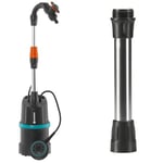Pompe pour collecteur d’eau de pluie Gardena 4000/1 avec câble : pompe immergée avec filtre intégré & Rallonge de tube télescopique : Tube de rallonge pour pompes de citernes pluviales, 21cm