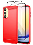 Teayoha for Samsung Galaxy A25 5G Phone Case, with Tempered Glass Screen Protector [2 Pack], Carbon Fiber Scratch Resistant, Shock Absorption Soft TPU Drawing Protective Cases Phone Cover - Red