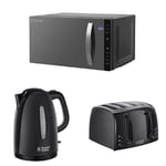 Russell Hobbs Flatbed Microwave, 23 L, 800 W with Textures Kettle, 1.7 L, 3000 W and Textures 4 Slice Toaster - Black