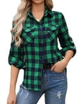 Aottori Chemisier à Carreaux Femme Coton Chemise Flanelle Chic avec Bouton Classique Blouse Bucheron Western Décontractée Retro Ecossaise Casual Vintage Blouse Vert XXL