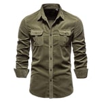 Homme Manches Longues Chemise,Chemise À Manches Longues Vintage Armygreen Velours Côtelé Chaud Streetwear Décontracté Bouton Poche Tops Idéal pour Père Anniversaire Petit Ami Cadeau, M