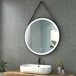 Heilmetz - Miroir Salle de Bain Rond led 80 cm Diamètre, Miroir Salle de Bain avec Interrupteur Tactile, Monture Noire et Bandoulière réglable