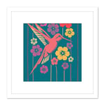 Coral Pink Hummingbird Yellow Purple Red Flowers Painting Square Wooden Framed Wall Art Print Picture 8X8 Inch