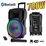 Enceinte sono DJ PARTY KARAOKE 700W Batterie Disco Mobile 12" à LED RGB USB/MICRO SD/Bluetooth / RADIO FM + Micro VHF + OVNI Ufo