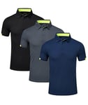 Csqtongan 3 Pack Men's Golf Polo Shirts Short Sleeve Breathable Polo T Shirts Multipack, Black/Grey/Navy M