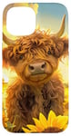 iPhone 15 Scottish Highland Cow, Spring Sunflower Western Country Farm Case