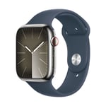 Apple Watch S9 GPS + Cellular 45mm Silver Stainless Steel Case with Storm Blue Sport Band - S/M