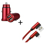 Pack Pour Iphone Xs Max Lightning (Cable 90 Fast Charge + Mini Double Prise Allume Cigare) - Rouge