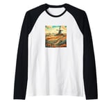 Whet Fields With Windmills Vintage Landscape Graphic Raglan Baseball Tee