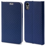 Moozy Étui portefeuille pour iPhone XR, Bleu foncé Carbone – Étui à rabat avec bordure métallique, fermeture magnétique, porte-cartes et fonction béquille - Neuf