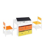 SoBuy Ensemble Table Enfant avec 2 Chaises, Table de Dessin, Table Réversible à Double Face avec Tableau Noir, 4 Boîtes de Rangement, Table Polyvalente Enfant pour Manger, Étudier et Jouer, KMB75-K-W