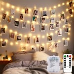 100 LED Photo Clip String Lights with Remote and Timer, 10M Photo Peg Fairy Lights with 50 Clips Battery Powered Hanging Photo Fairy Lights for Bedroom Birthday Wedding Party Christmas-Warm White