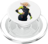 Fille d'anime et de manga cyberpunk aux cheveux blancs dans un costume de cyberware PopSockets PopGrip pour MagSafe