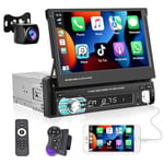 Podofo Autoradio 1 Din Compatible avec Apple Carplay Android Auto, Écran Tactile 7 Pouces Rétractable Autoradio Lecteur MP5 avec Bluetooth/Radio FM/SWC/Mirror Link/USB + AHD Caméra Arrière