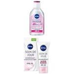 NIVEA routine visage avec Eau Micellaire DOUCEUR Peaux Sèches & Sensibles, démaquillant et nettoyant visage yeux & lèvres (1x400 ml) et Soin Jour 24H Hydratant Nourrissant peaux sèches FPS15 (1x50 ml)