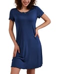 Ekouaer Chemise de Nuit Femme été Jupe à Volants Robe de Nuit Manches Courtes Vêtements de Nuit Court Nuisette Col Rond, Marine, XXL