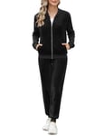 Irevial Survetement Femme Velours Jogging Femme Ensemble Manches Longues Hiver Tenue de Pyjama Sweatshirt Zippé et Pantalon ensemble de pyjama pour l'automne et l'hiver Noir，L