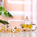 Teapot and Cup Set, Tea Sets for Adults, Heatproof Enamel Rose Flower Decoration Glass Teapot Kettle with Strainer for Blooming Tea Loose Leaf Tea 350ml, with 6 Glasses