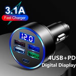 Type C PD Car Charger LED Digital Display Phone Charger Socket Fast Charging