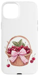 Coque pour iPhone 15 Plus Noeud coquette rose sur un panier en osier avec cerises