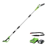 Greenworks G24PS20K2 Cordless long reach Pole Saw (Great for Pruning and Trimming Branches), 8 Inch (20cm) Bar Length, 6.7m/s Chain Speed, light weight, 2.6m Pole Reach, 24V 2Ah Battery & Charger
