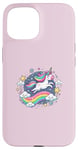 Coque pour iPhone 15 Licorne ludique volant à travers le ciel étoilé avec arc-en-ciel