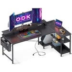 ODK Bureau d'angle avec Rangement, Bureau Gaming avec Etagere, Bureau en L Noir avec Port USB et Prise de Courant, Table d’Ordinateur Bureau Informatique avec Support d'écran (168x80cm)