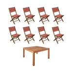 Table de jardin carrée. en bois d'eucalyptus . avec trou de parasol + 8 chaises pliables terracotta