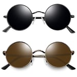 Joopin Classique Vintage Lunette de Soleil Polarisée Ronde pour Homme et Femme 2 Pack Lunettes Rétros Style Basique Sombre Noir et Brun