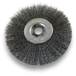 Brosse circulaire acier ø 125 mm Epaisseur 1 rang Fil souple 0.20 mm ondulé Alésage 16 mm Touret meuleuse affûteuse ponceuse Brossage décapage